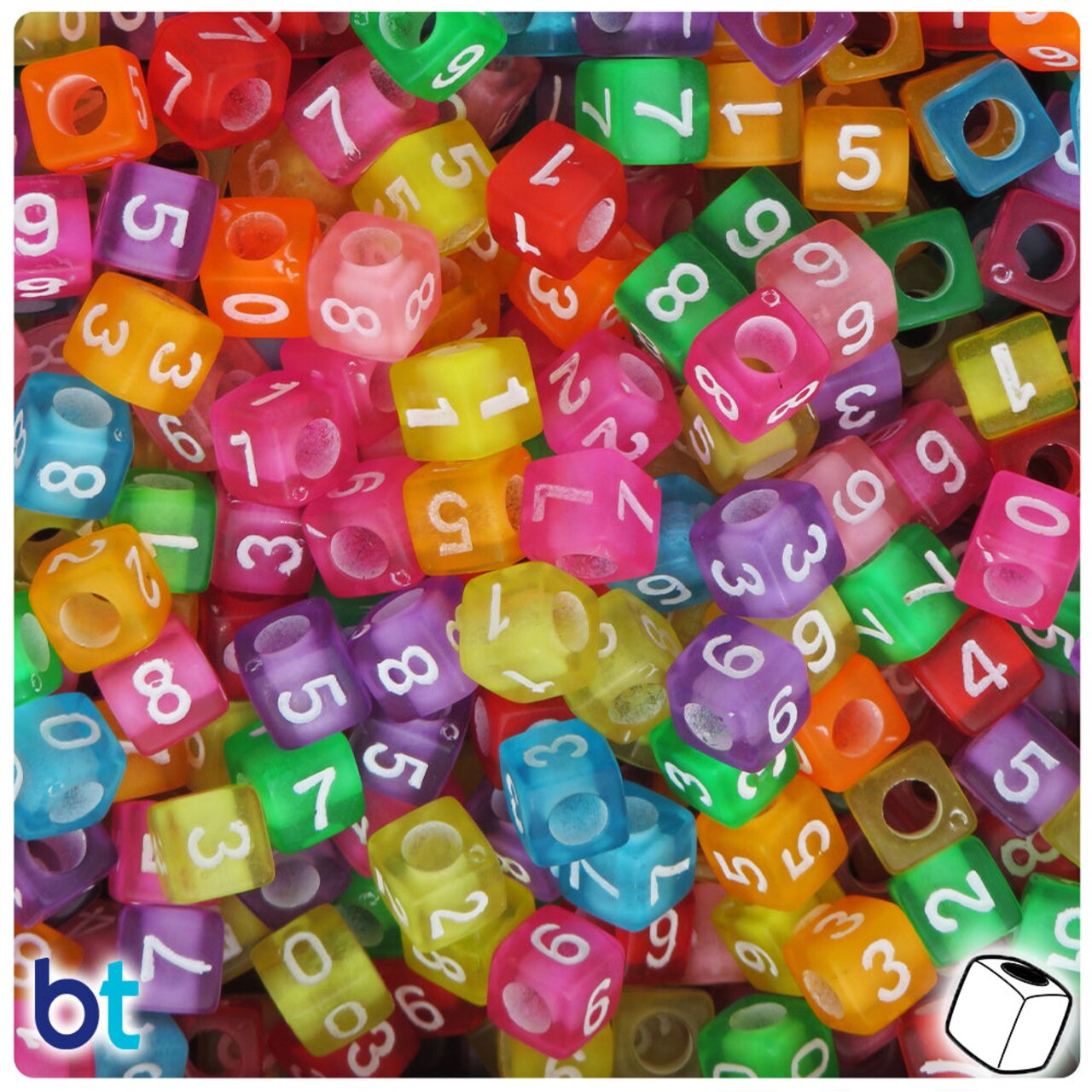 BeadTin Mixed Transparent 7mm Cube Plastic Alpha Beads - White Number Mix (200pcs)
